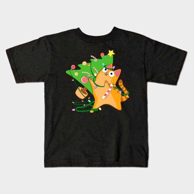 Zoomies Christmas Cat Orange Tabby Knocking Over Tree Funny Kids T-Shirt by BluVelvet